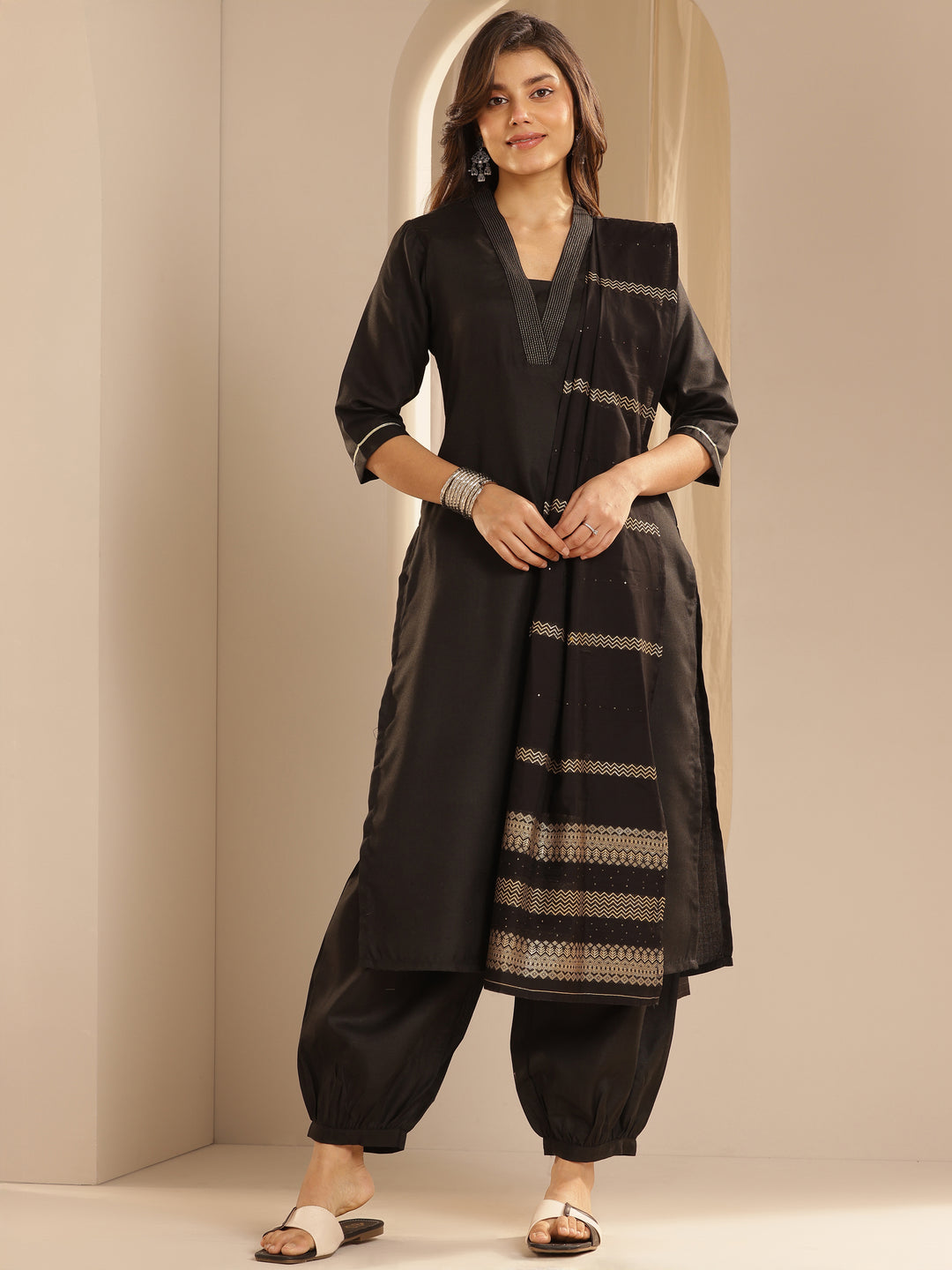 Black Solid Cotton Blend Straight Suit With Dupatta