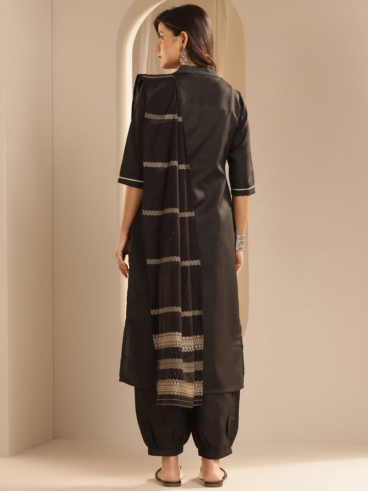 Black Solid Cotton Blend Straight Suit With Dupatta