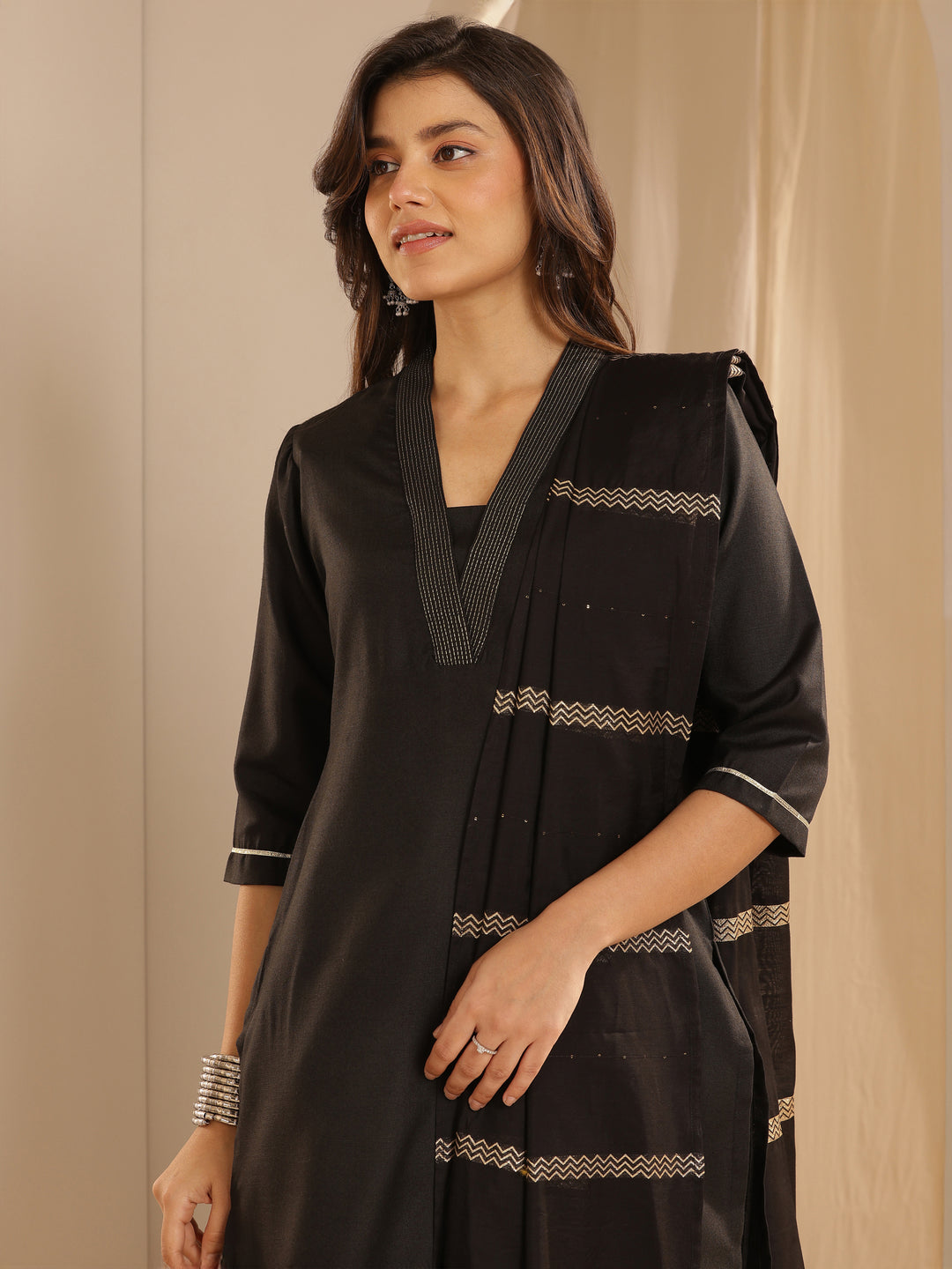 Black Solid Cotton Blend Straight Suit With Dupatta
