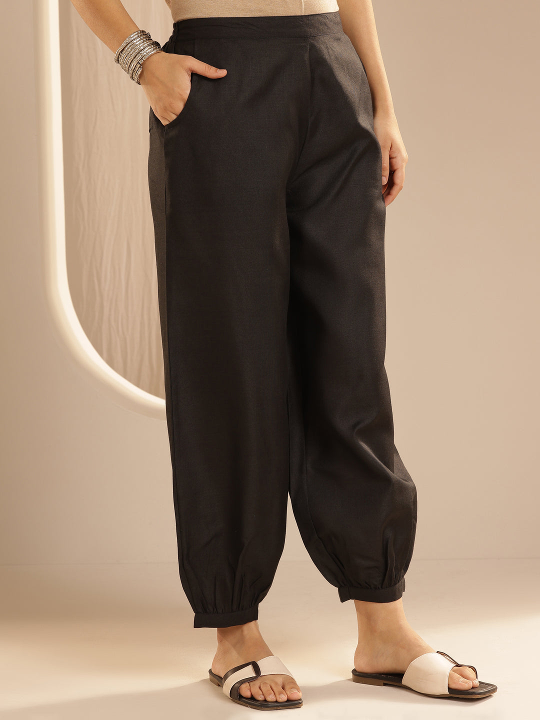 Black Solid Cotton Blend Straight Suit With Dupatta