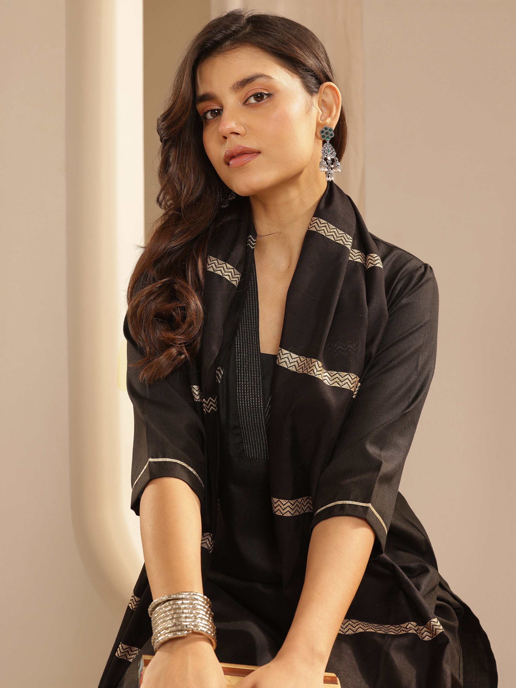 Black Solid Silk Blend Straight Suit With Dupatta