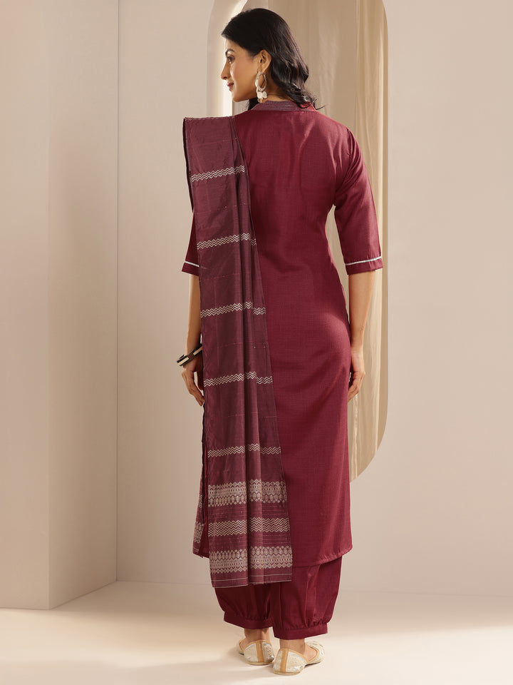 Maroon Solid Cotton Blend Straight Suit With Dupatta