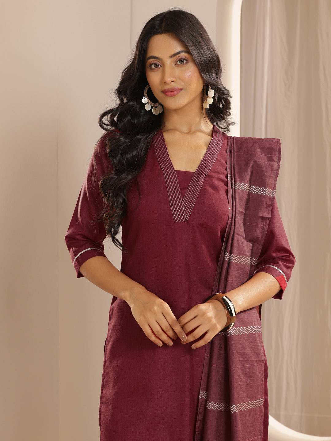 Maroon Solid Cotton Blend Straight Suit With Dupatta