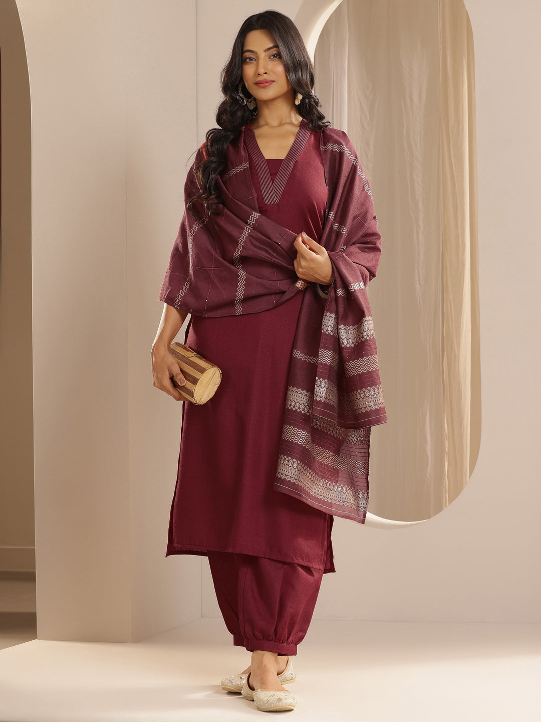 Maroon Solid Cotton Blend Straight Suit With Dupatta