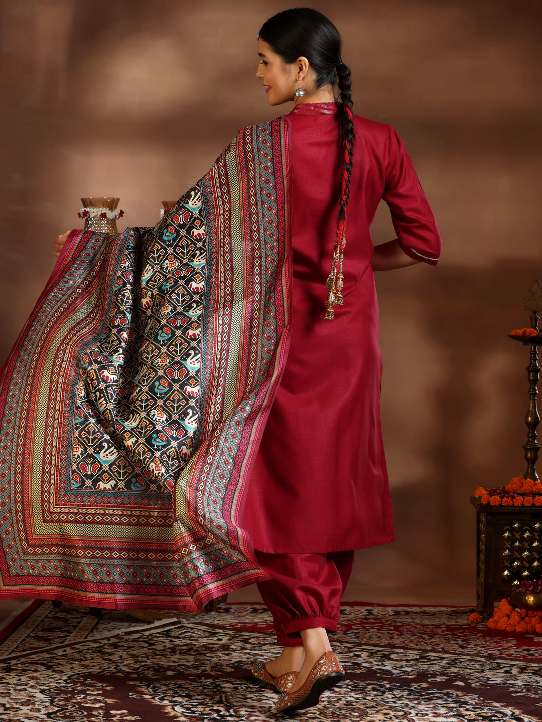 Maroon Solid Cotton Blend Straight Suit With Dupatta