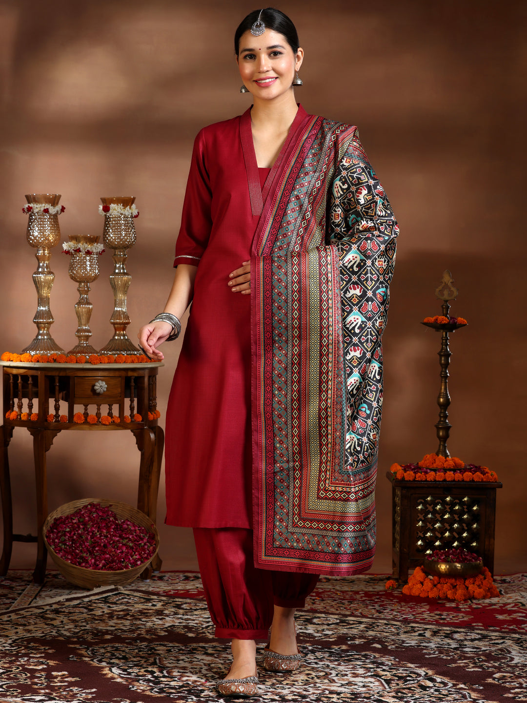 Maroon Solid Cotton Blend Straight Suit With Dupatta