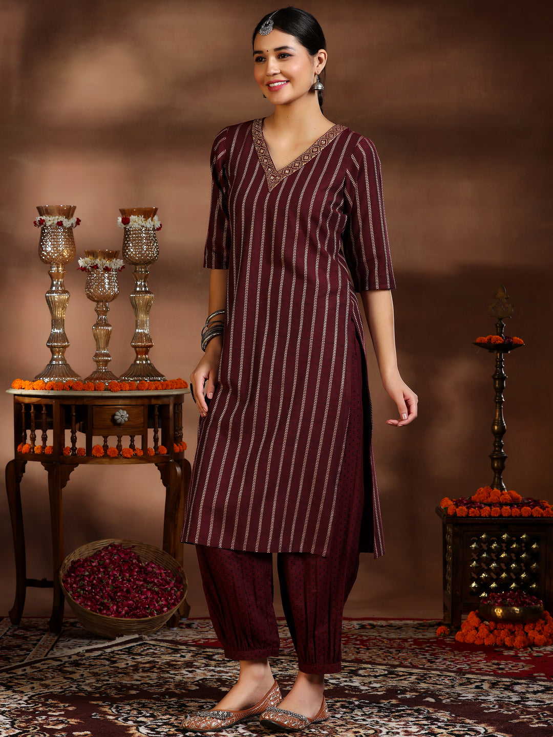 Maroon Woven Design Cotton Blend Straight Suit With Dupatta