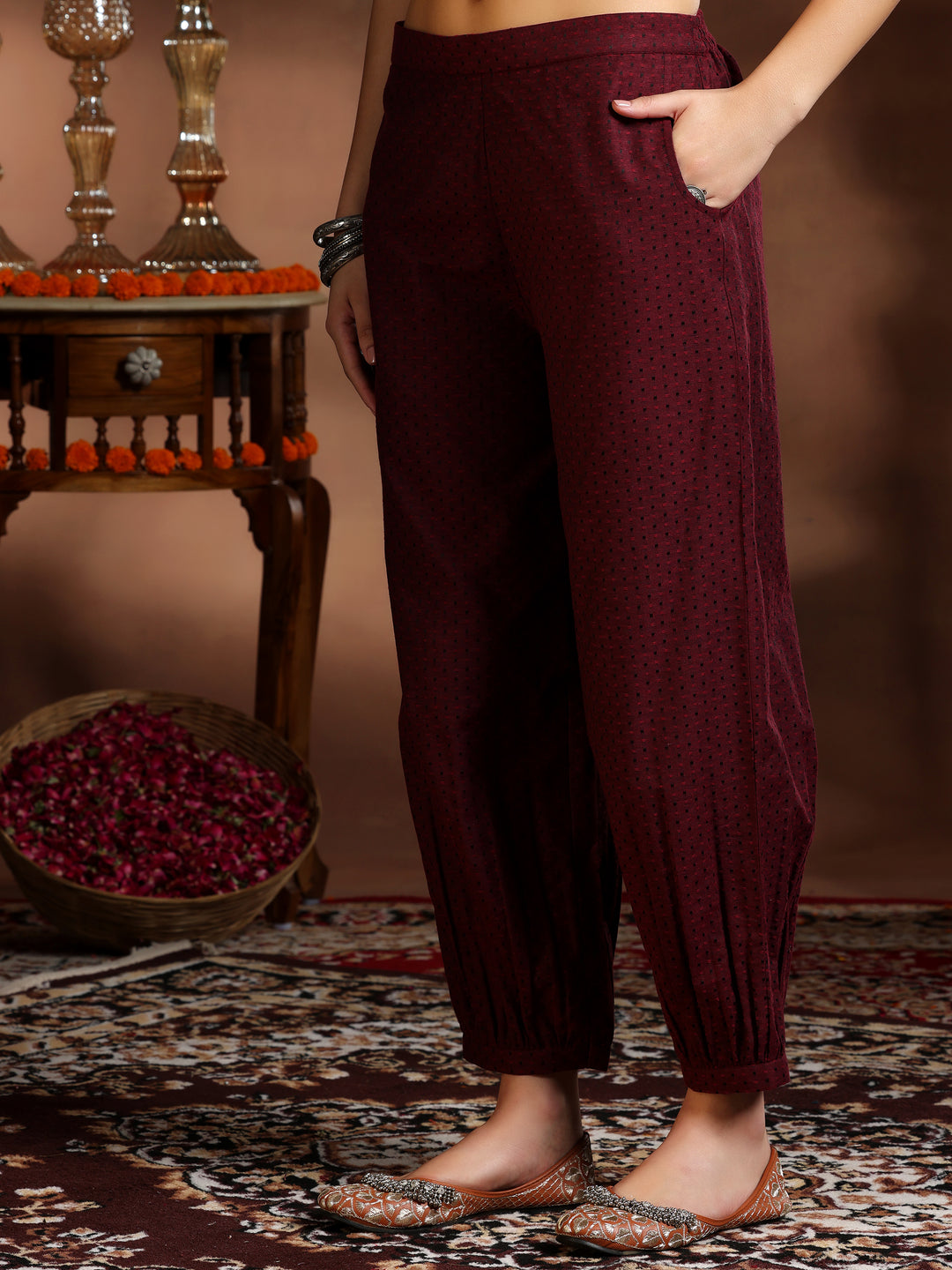 Maroon Woven Design Cotton Blend Straight Suit With Dupatta