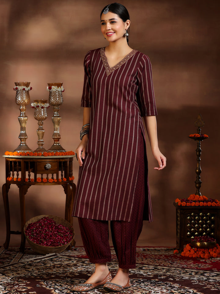 Maroon Woven Design Cotton Blend Straight Suit With Dupatta