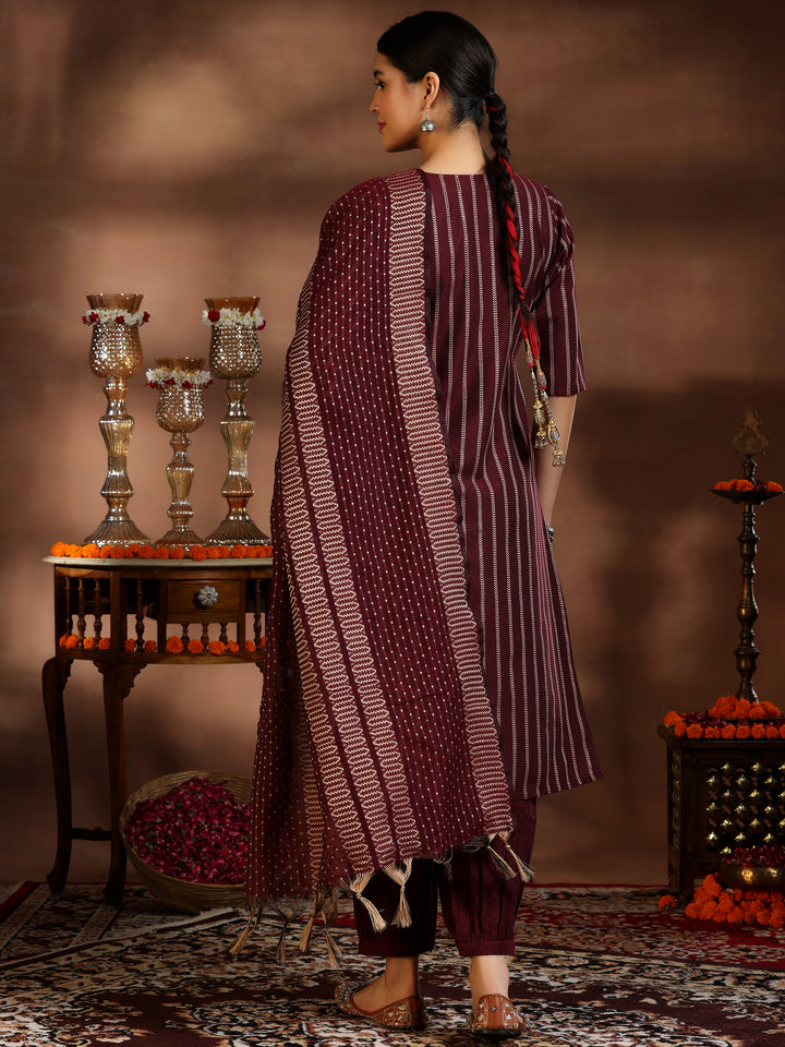Maroon Woven Design Cotton Blend Straight Suit With Dupatta