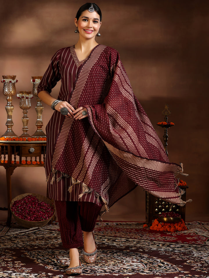Maroon Woven Design Cotton Blend Straight Suit With Dupatta