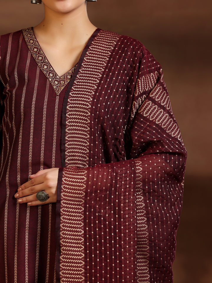 Maroon Woven Design Cotton Blend Straight Suit With Dupatta