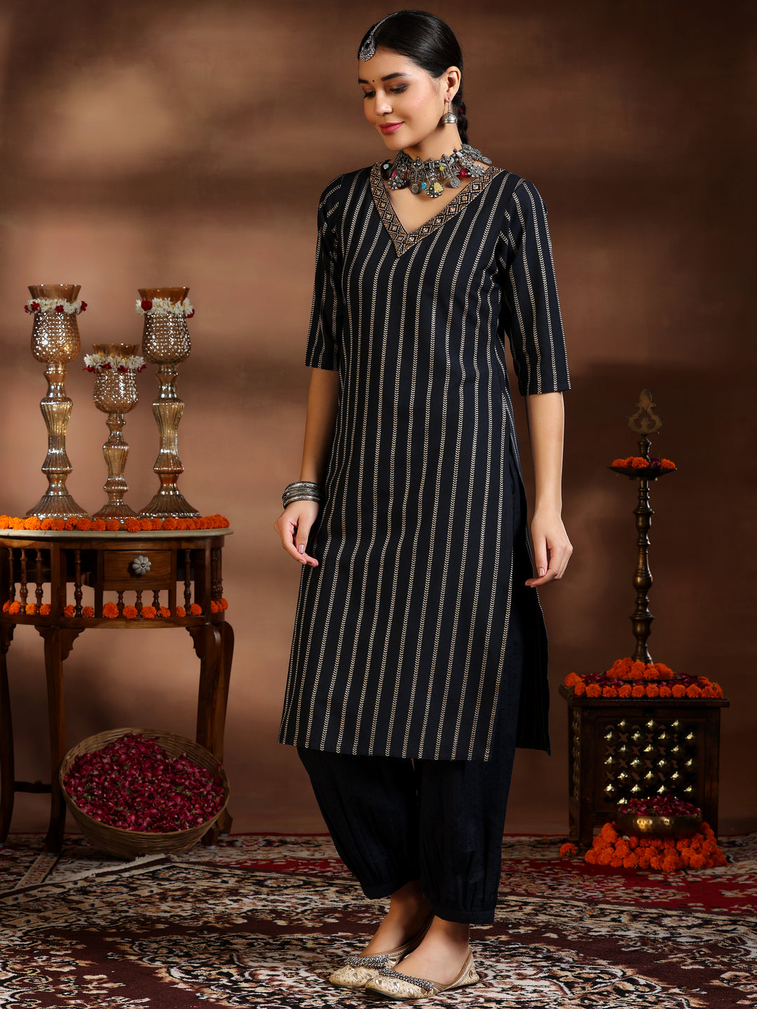 Black Woven Design Cotton Blend Straight Suit With Dupatta