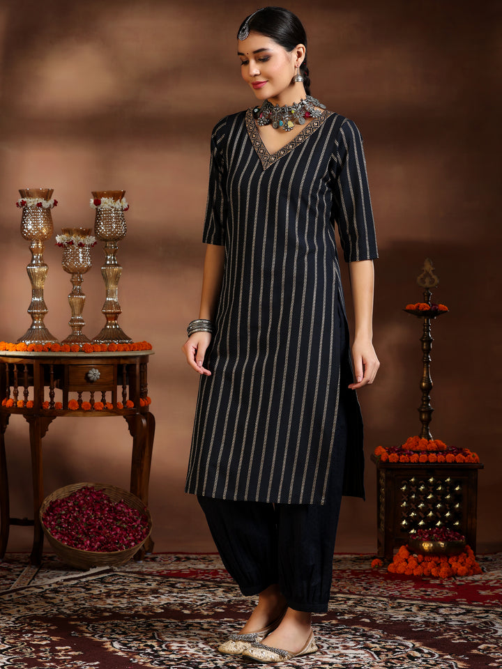 Black Woven Design Cotton Blend Straight Suit With Dupatta