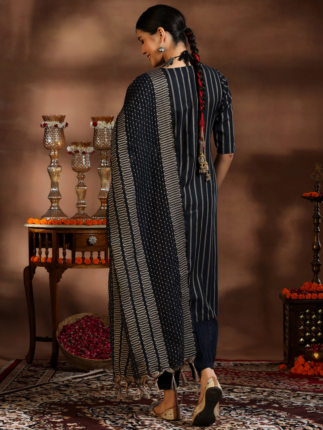 Black Woven Design Cotton Blend Straight Suit With Dupatta