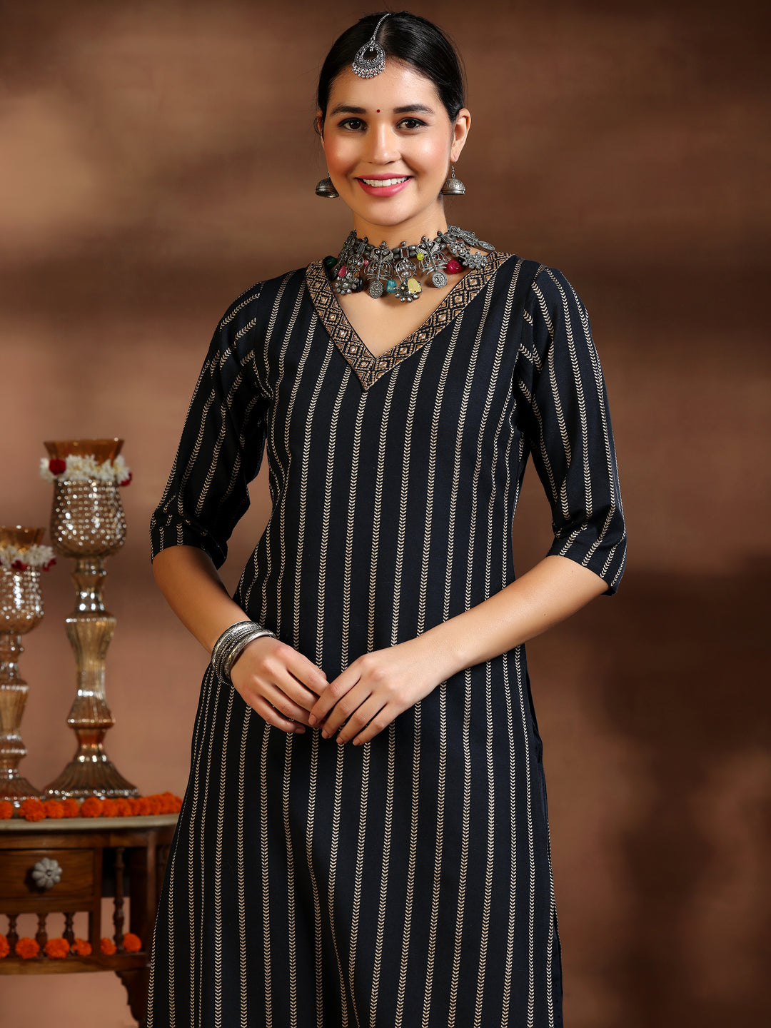 Black Woven Design Cotton Blend Straight Suit With Dupatta