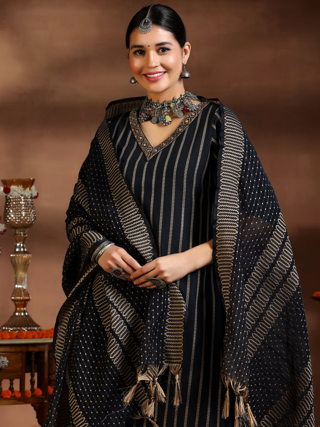 Black Woven Design Cotton Blend Straight Suit With Dupatta