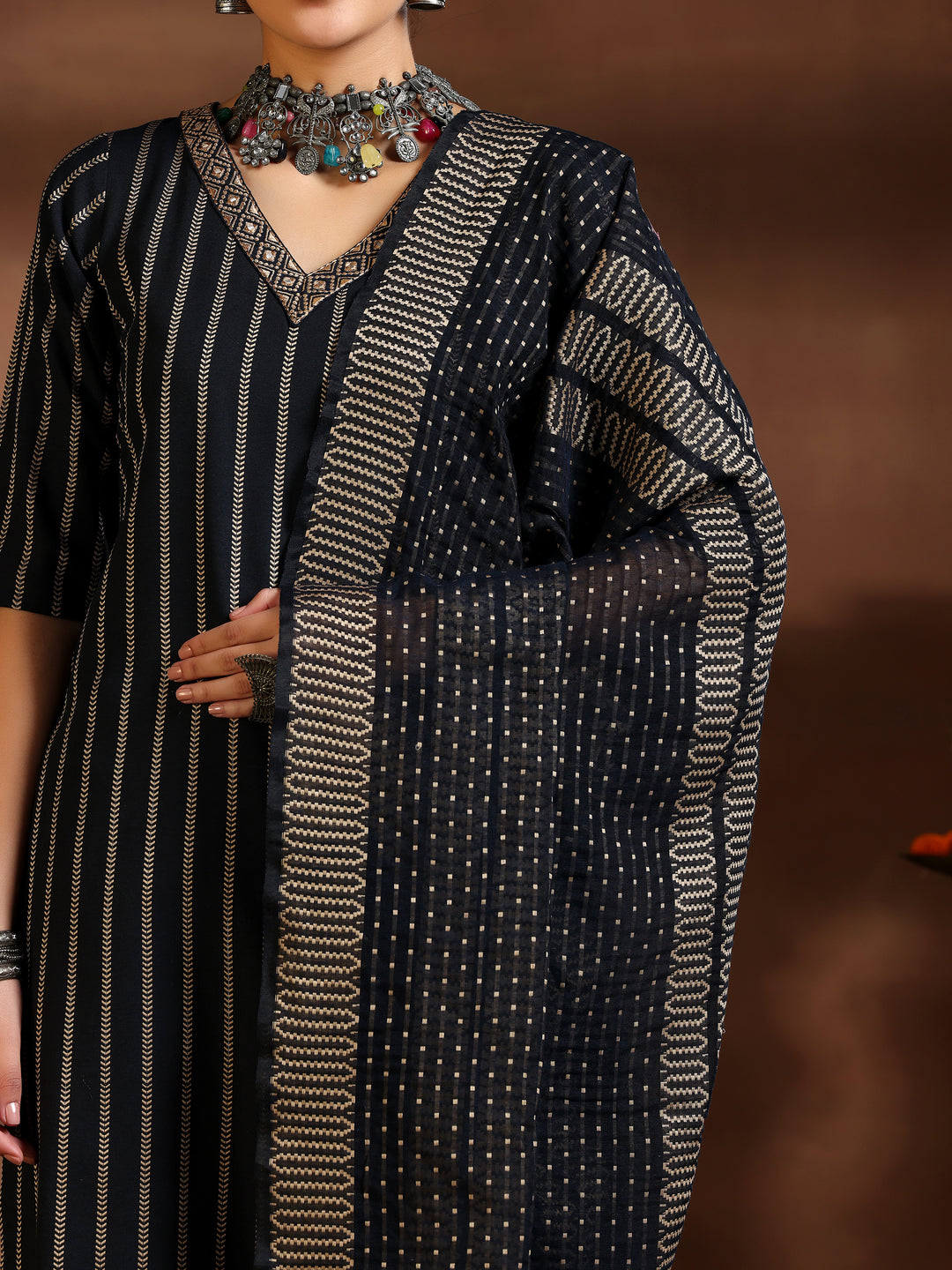 Black Woven Design Cotton Blend Straight Suit With Dupatta