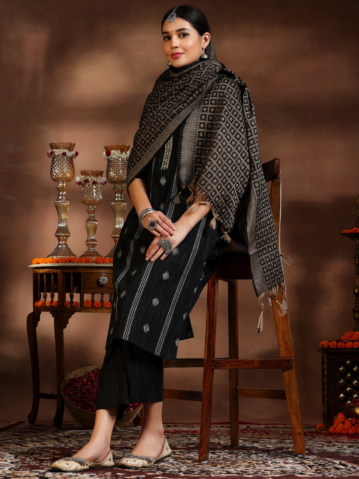 Black Woven Design Cotton Blend Straight Suit With Dupatta