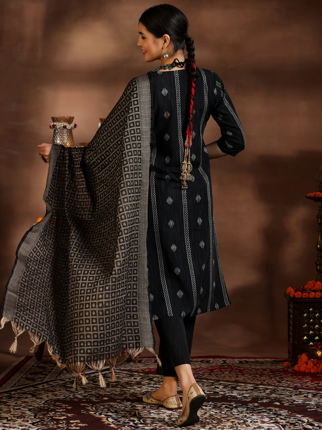 Black Woven Design Cotton Blend Straight Suit With Dupatta