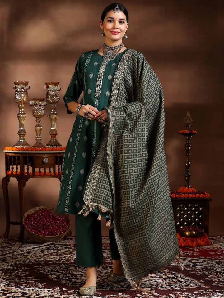 Green Woven Design Cotton Blend Straight Suit With Dupatta