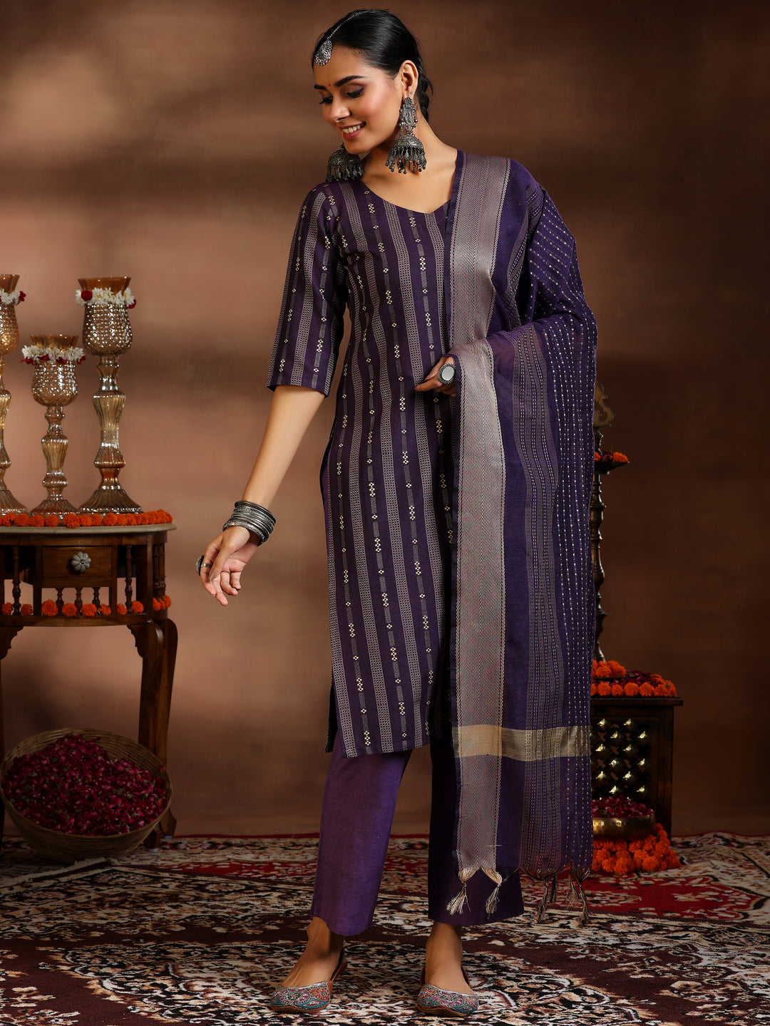 Purple Woven Design Cotton Blend Straight Suit With Dupatta