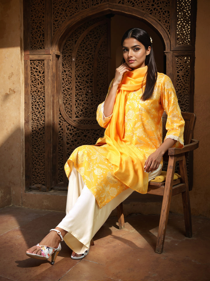 Yellow Printed Cotton Blend Straight Suit With Dupatta