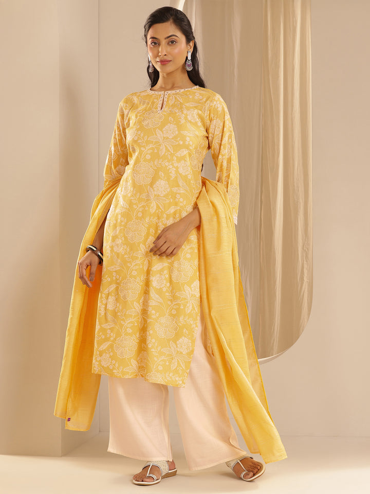 Yellow Printed Cotton Blend Straight Suit With Dupatta
