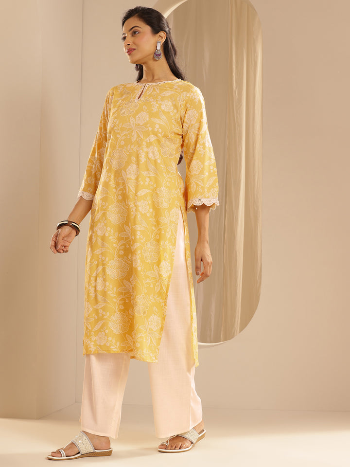 Yellow Printed Cotton Blend Straight Suit With Dupatta