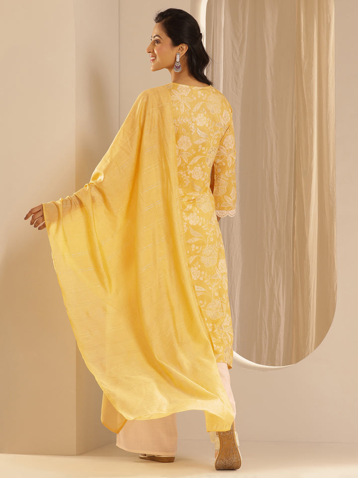Yellow Printed Cotton Blend Straight Suit With Dupatta