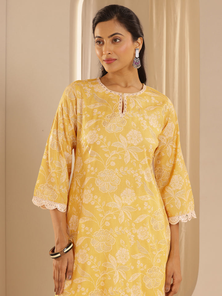 Yellow Printed Cotton Blend Straight Suit With Dupatta