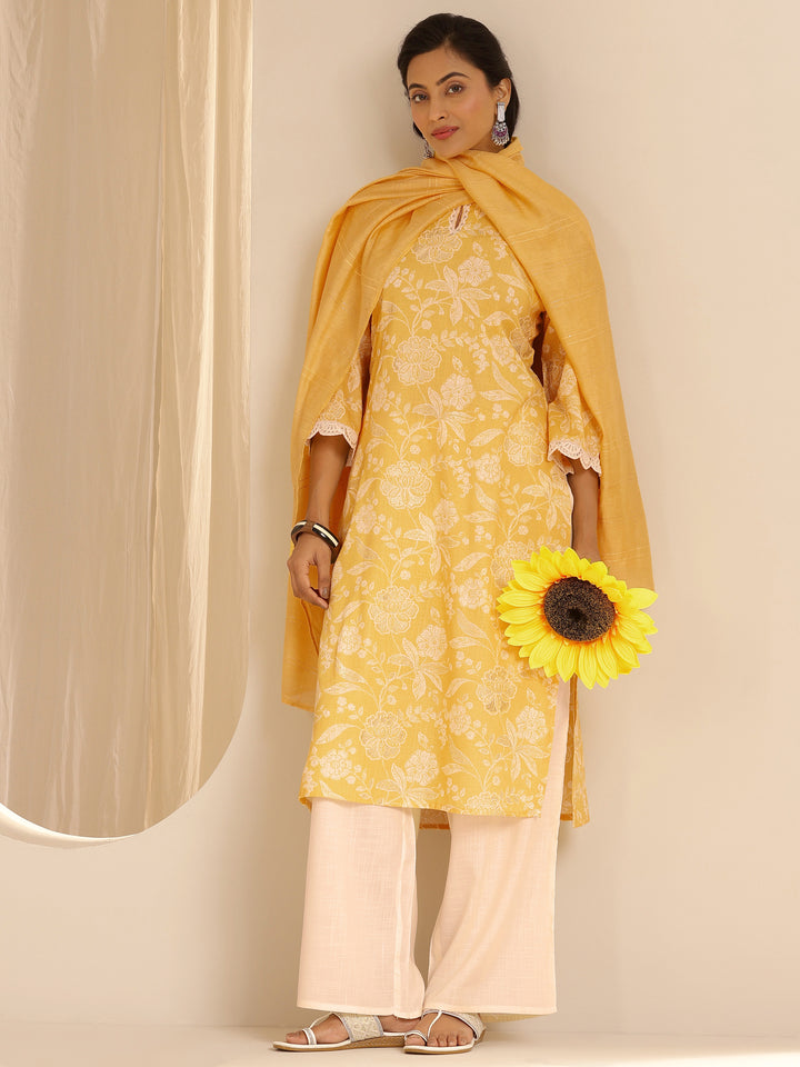 Yellow Printed Cotton Blend Straight Suit With Dupatta
