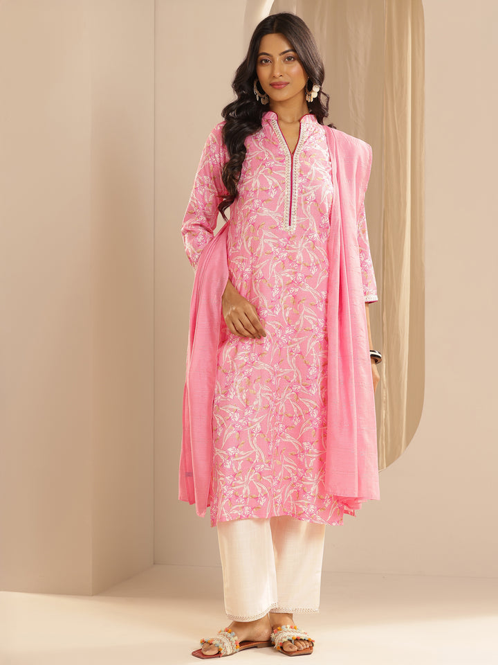 Pink Printed Cotton Blend Straight Suit With Dupatta