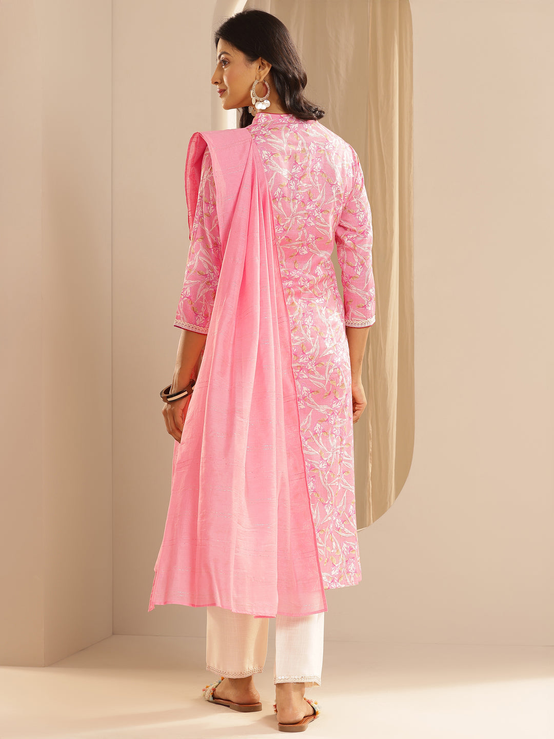 Pink Printed Cotton Blend Straight Suit With Dupatta