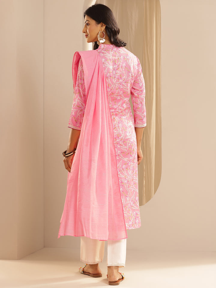 Pink Printed Cotton Blend Straight Suit With Dupatta