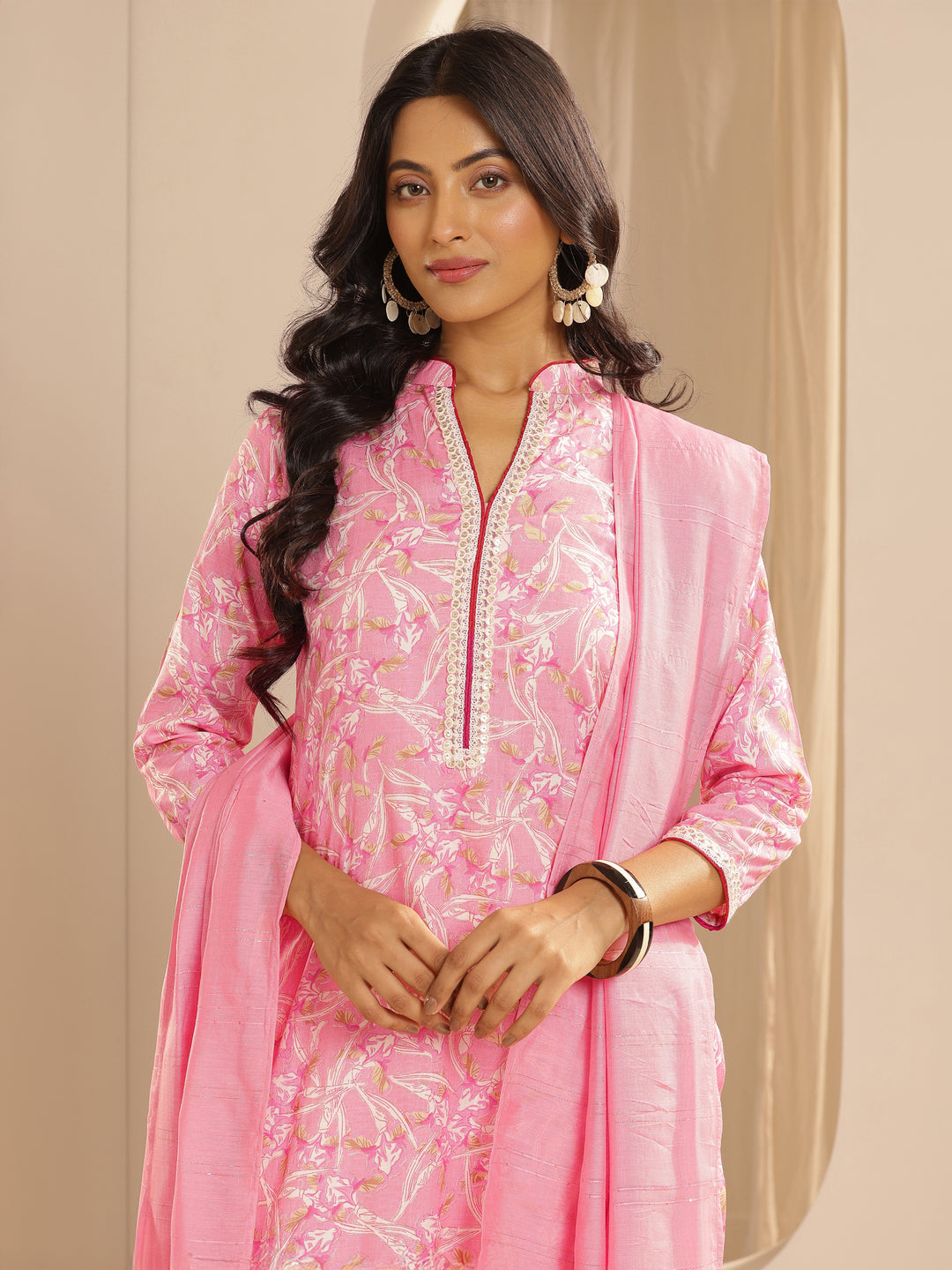 Pink Printed Cotton Blend Straight Suit With Dupatta