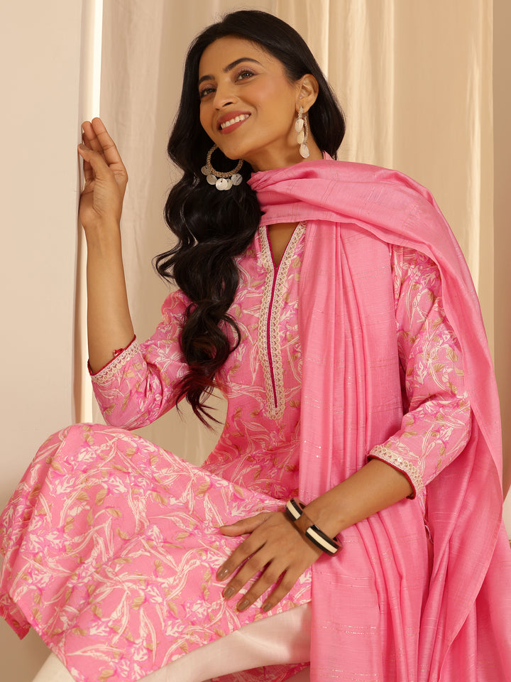 Pink Printed Cotton Blend Straight Suit With Dupatta