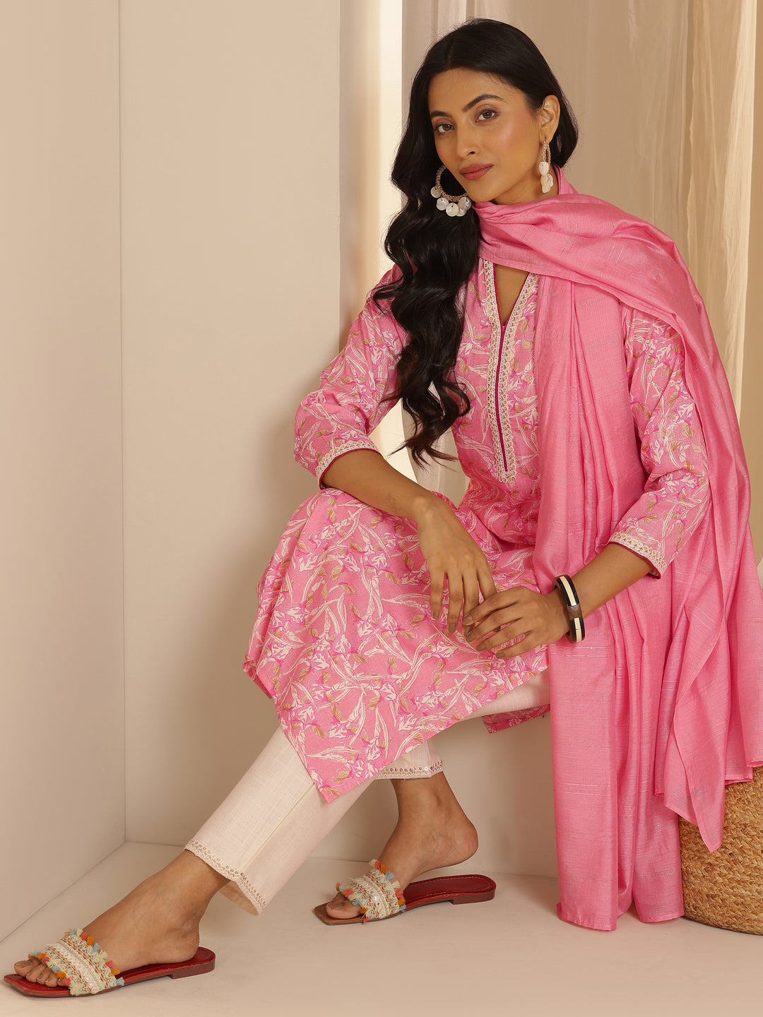Pink Printed Cotton Blend Straight Suit With Dupatta