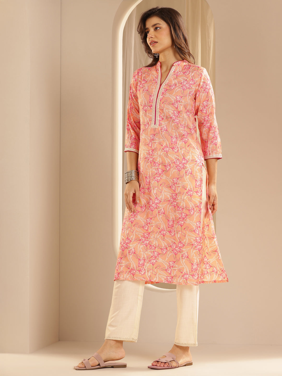 Orange Printed Cotton Blend Straight Suit With Dupatta