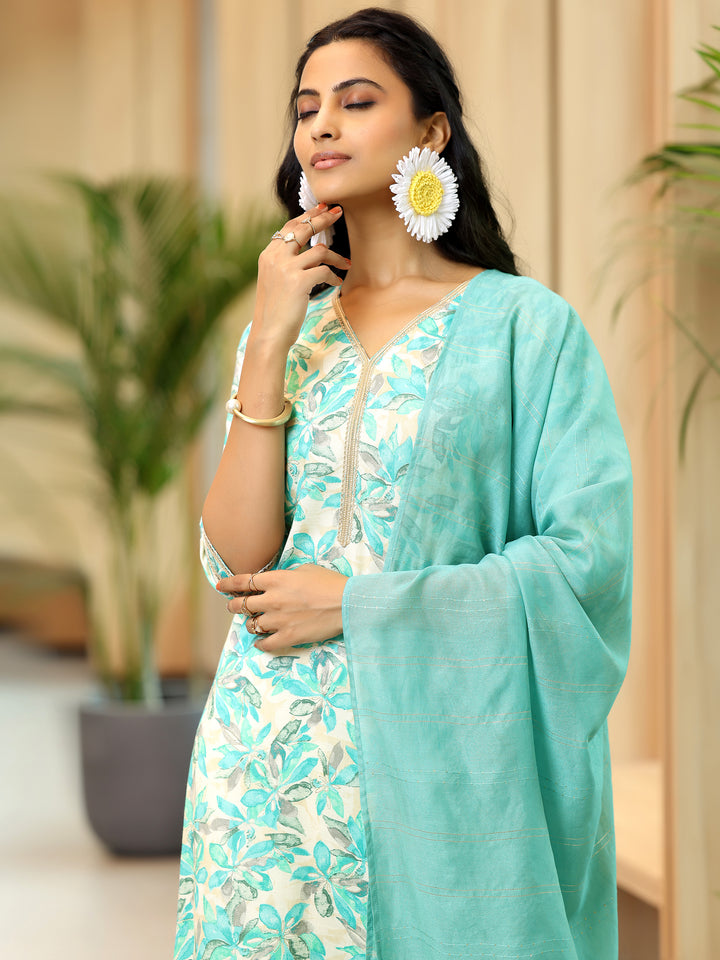 Blue Printed Cotton Blend Straight Suit With Dupatta