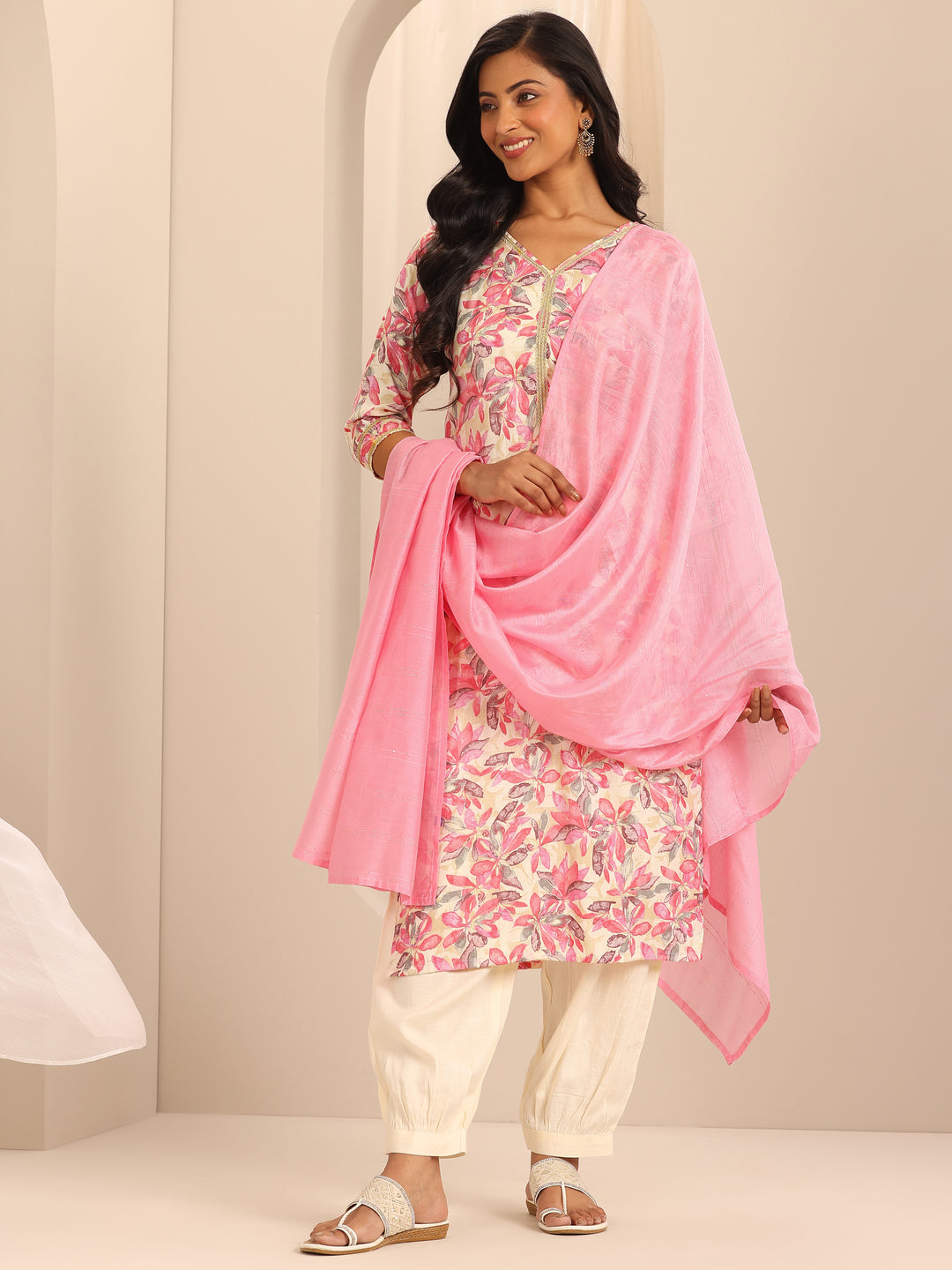 Pink Printed Cotton Blend Straight Suit With Dupatta