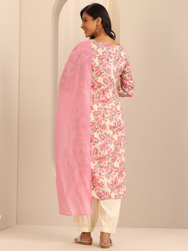 Pink Printed Cotton Blend Straight Suit With Dupatta