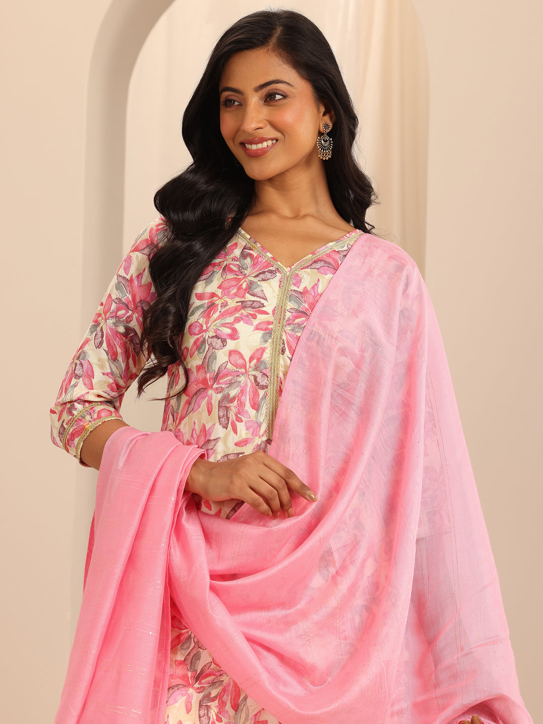 Pink Printed Cotton Blend Straight Suit With Dupatta