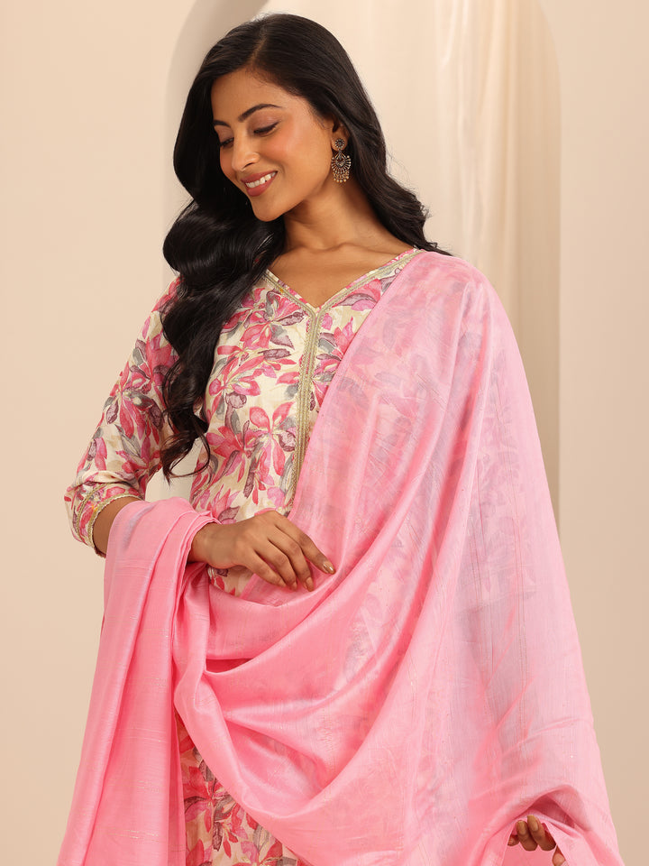 Pink Printed Cotton Blend Straight Suit With Dupatta