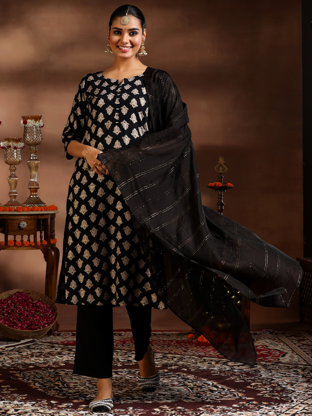 Black Printed Silk Blend Straight Suit With Dupatta