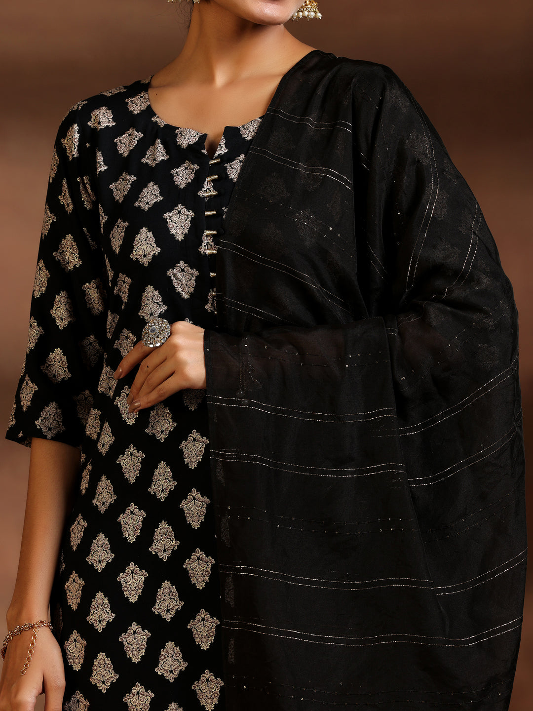 Black Printed Silk Blend Straight Suit With Dupatta