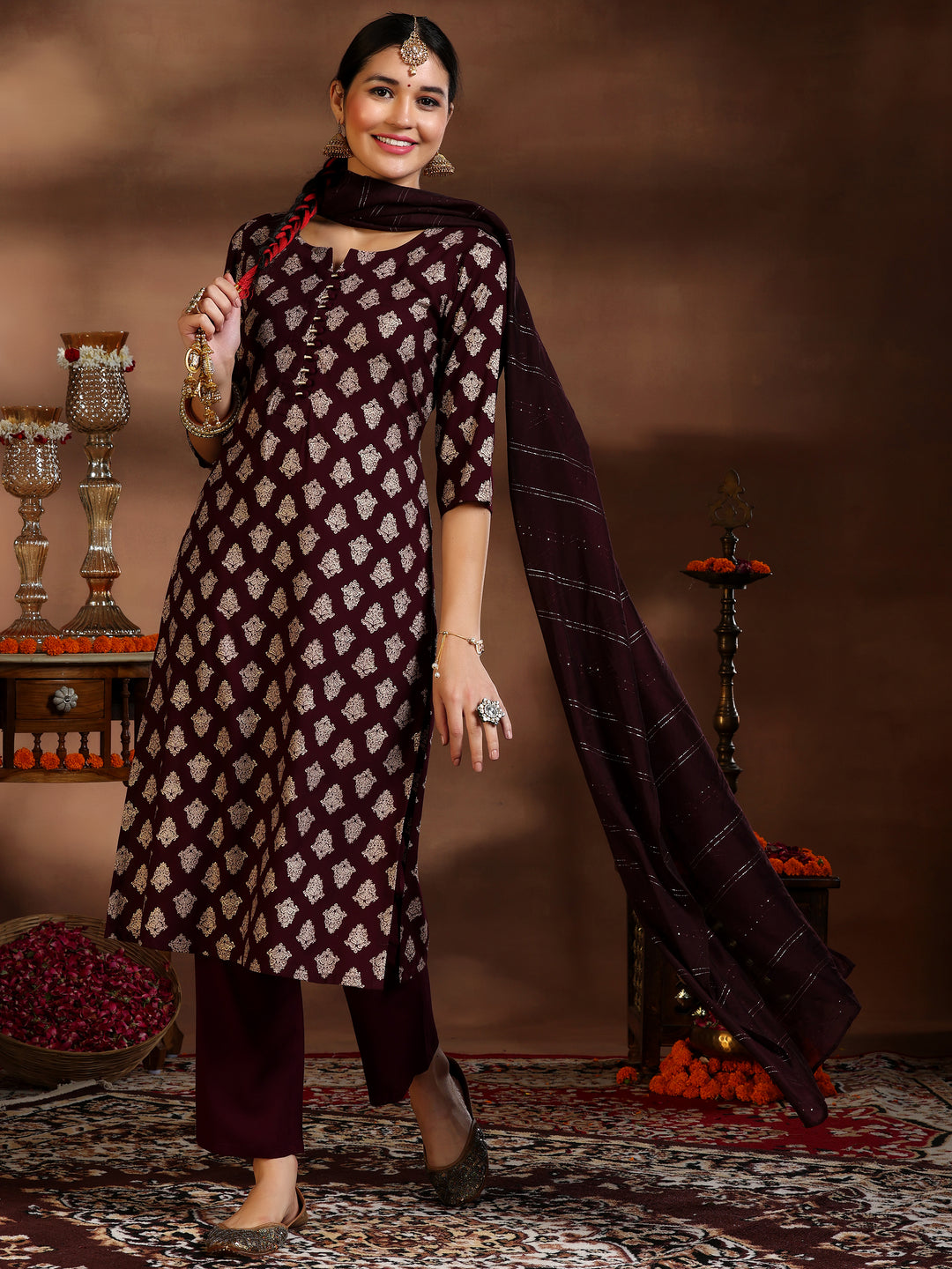 Burgundy Printed Silk Blend Straight Suit With Dupatta