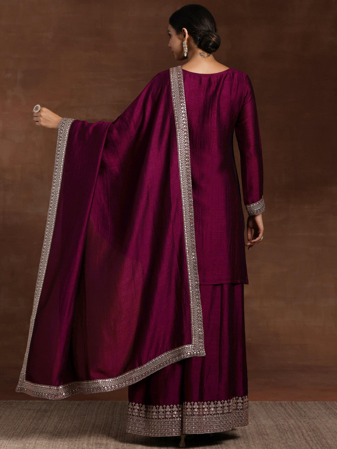 Maroon Embroidered Silk Blend Straight Suit With Dupatta