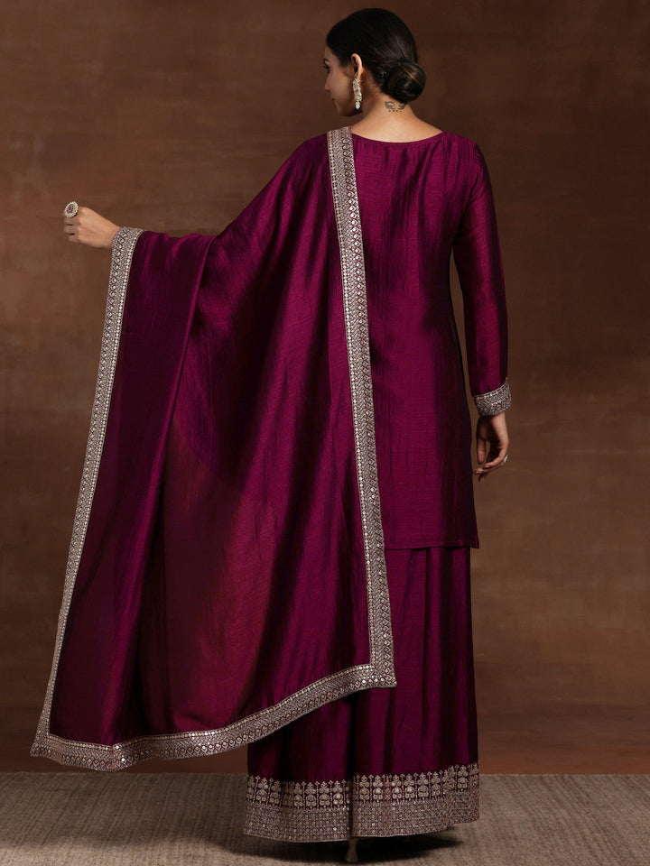 Maroon Embroidered Silk Blend Straight Suit With Dupatta