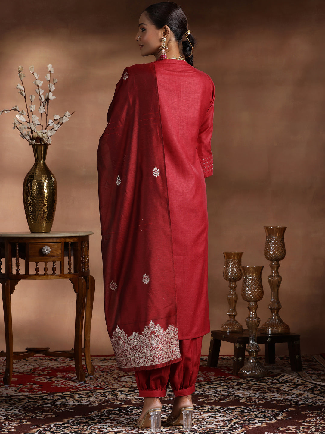Maroon Solid Cotton Blend Straight Suit With Dupatta